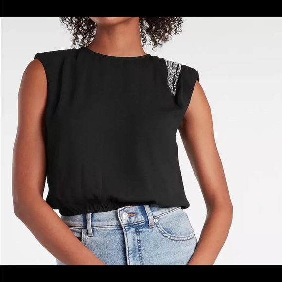 BNWT EXPRESS BLACK RHINESTONE STRONG SHOULDER BLOUSE - Picture 4 of 5